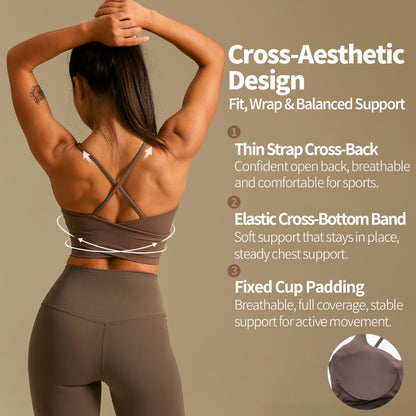 MOVING PEACH Women Sports Tank Top Breathable Yoga Top Sweetheart neckline Crisscross straps Crop Top Soft Fixed Bra Cups Gym Dance Daily wear CVX