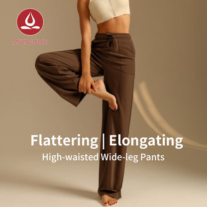 MOVING PEACH Women High-Waisted Wide-Leg Pants Antibacterial Fabric Loose Sports Pants with Adjustable Waist String Yoga Running Dance Daily Wear ELC2