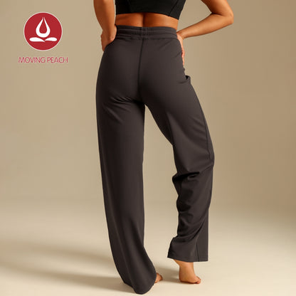 MOVING PEACH Women High-Waisted Wide-Leg Pants Antibacterial Fabric Loose Sports Pants with Adjustable Waist String Yoga Running Dance Daily Wear ELC2
