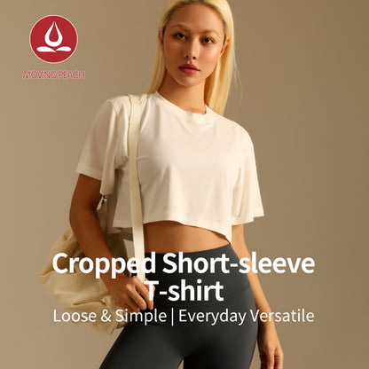 MOVING PEACH Women Sports Crop Top Relaxed Fit Breathable Running Exercise Classic Crew Neckline T-shirts Without Inner Bra ATL