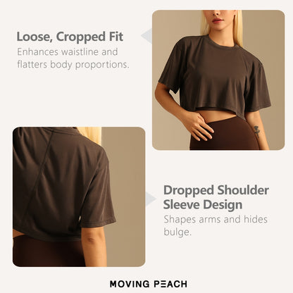 MOVING PEACH Women Sports Crop Top Relaxed Fit Breathable Running Exercise Classic Crew Neckline T-shirts Without Inner Bra ATL