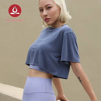MOVING PEACH Women Sports Crop Top Relaxed Fit Breathable Running Exercise Classic Crew Neckline T-shirts Without Inner Bra ATL