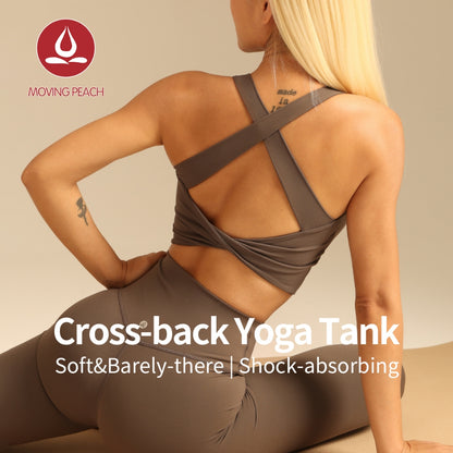 MOVING PEACH Sports Tank Top for Women Cross-aesthetic design Top Comfort Wide Shoulder Straps Yoga Crop Top Fixed Pads Pilates Fitness Dance Daily wear CVN