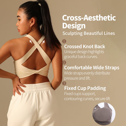 MOVING PEACH Sports Tank Top for Women Cross-aesthetic design Top Comfort Wide Shoulder Straps Yoga Crop Top Fixed Pads Pilates Fitness Dance Daily wear CVN