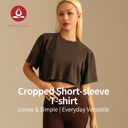 MOVING PEACH Women Sports Crop Top Relaxed Fit Breathable Running Exercise Classic Crew Neckline T-shirts Without Inner Bra ATL
