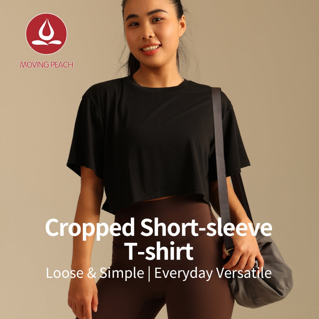 MOVING PEACH Women Sports Crop Top Relaxed Fit Breathable Running Exercise Classic Crew Neckline T-shirts Without Inner Bra ATL
