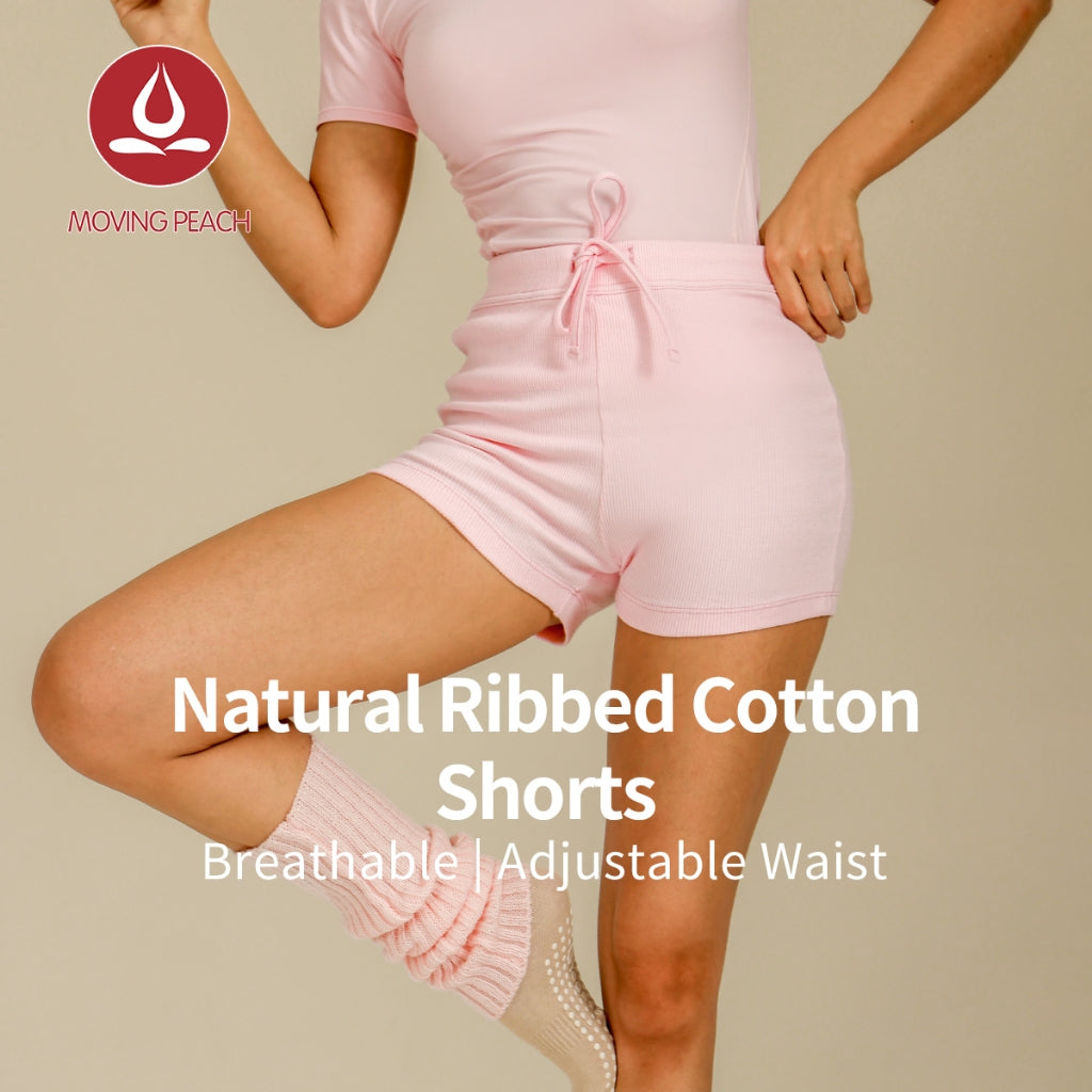 MOVING PEACH Women Yoga Shorts Natural Ribbed Conton Shorts Comfort Adjustable Waist String Shorts High Waist Breathable Running Gym Daily wear APM