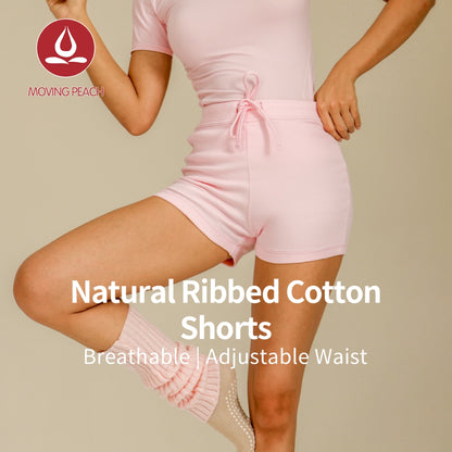 MOVING PEACH Women Yoga Shorts Natural Ribbed Conton Shorts Comfort Adjustable Waist String Shorts High Waist Breathable Running Gym Daily wear APM