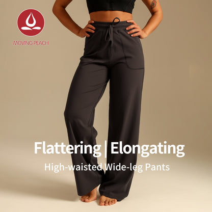 MOVING PEACH Women High-Waisted Wide-Leg Pants Antibacterial Fabric Loose Sports Pants with Adjustable Waist String Yoga Running Dance Daily Wear ELC2