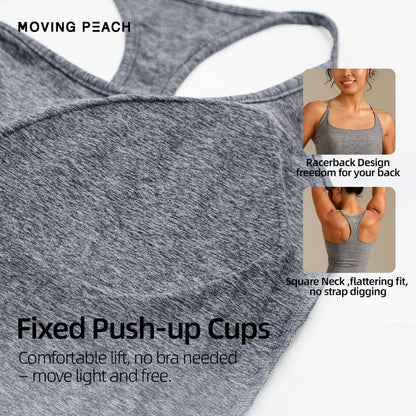 MOVING PEACH Women Sports Tank Top Comfort Square neck Racerback Yoga Top Fixed Bra Cups Pilates Fitness Dance Daily wear CVI