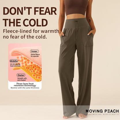 MOVING PEACH Women Wide-Leg Pants High-rise Warm Fleece Fabric Loose Sports Pants with Adjustable waist string Gym Running Dance Daily wear ELC(brushed)