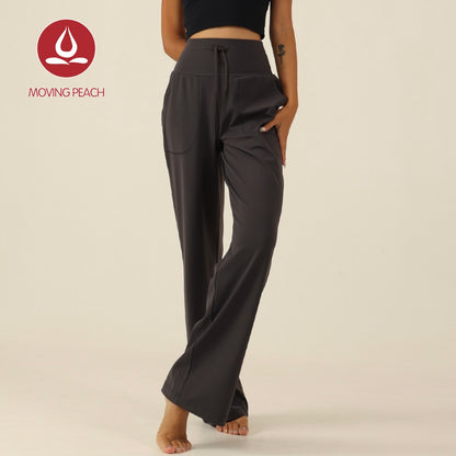 MOVING PEACH Women Wide-Leg Pants High-rise Warm Fleece Fabric Loose Sports Pants with Adjustable waist string Gym Running Dance Daily wear ELC(brushed)