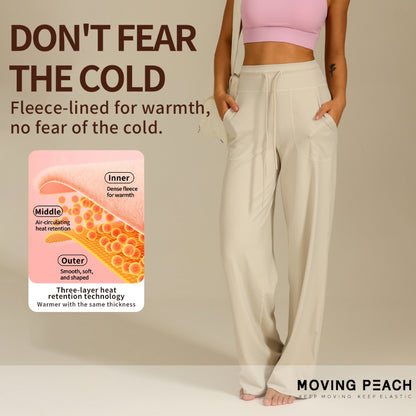 MOVING PEACH Women Wide-Leg Pants High-rise Warm Fleece Fabric Loose Sports Pants with Adjustable waist string Gym Running Dance Daily wear ELC(brushed)