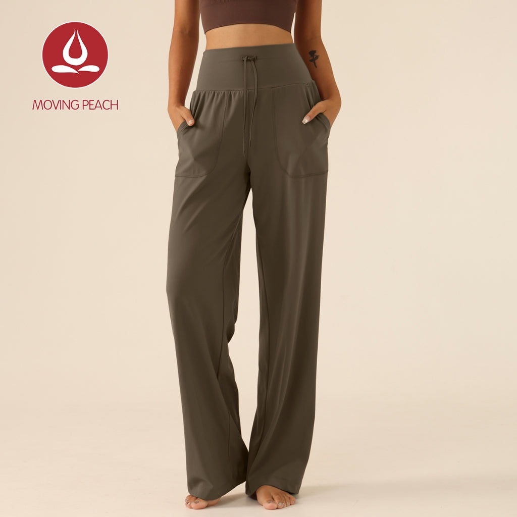 MOVING PEACH Women Wide-Leg Pants High-rise Warm Fleece Fabric Loose Sports Pants with Adjustable waist string Gym Running Dance Daily wear ELC(brushed)