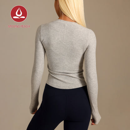 MOVING PEACH Women Yoga Top Ribbed Modal Fabric Slim Fit Pilates Top Soft Button front Sports Longsleeve Gym Running Dance Daily wear BSB