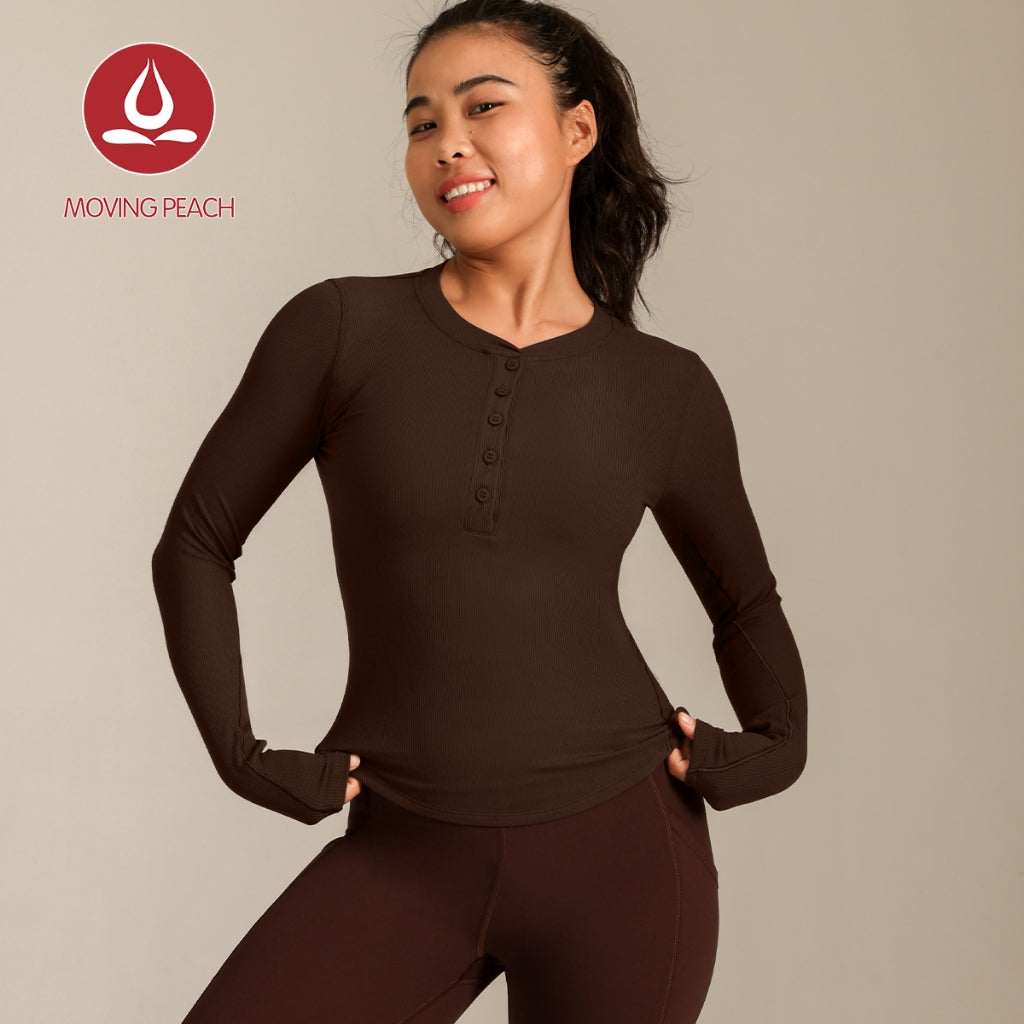 MOVING PEACH Women Yoga Top Ribbed Modal Fabric Slim Fit Pilates Top Soft Button front Sports Longsleeve Gym Running Dance Daily wear BSB