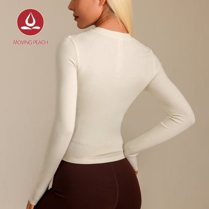 MOVING PEACH Women Yoga Top Ribbed Modal Fabric Slim Fit Pilates Top Soft Button front Sports Longsleeve Gym Running Dance Daily wear BSB