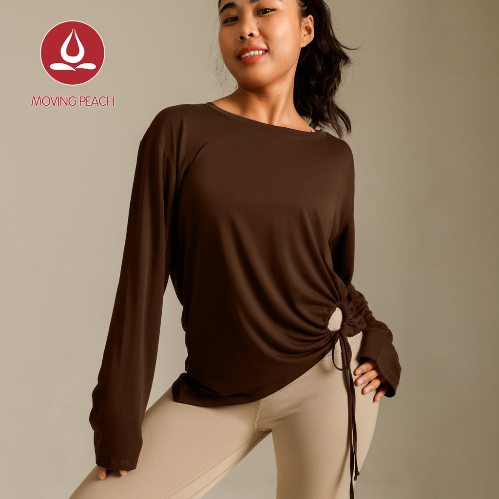 MOVING PEACH Women Yoga Longsleeve Loose Fit Drop shoulder design Sports Top with Adjustable side string Soft Gym Pilates Dance Daily wear BSC