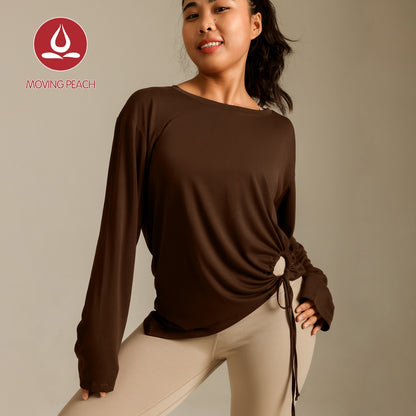 MOVING PEACH Women Yoga Longsleeve Loose Fit Drop shoulder design Sports Top with Adjustable side string Soft Gym Pilates Dance Daily wear BSC
