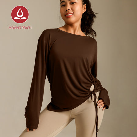 MOVING PEACH Women Yoga Longsleeve Loose Fit Drop shoulder design Sports Top with Adjustable side string Soft Gym Pilates Dance Daily wear BSC