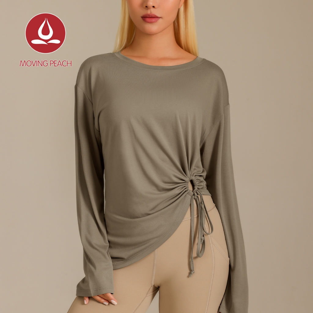 MOVING PEACH Women Yoga Longsleeve Loose Fit Drop shoulder design Sports Top with Adjustable side string Soft Gym Pilates Dance Daily wear BSC
