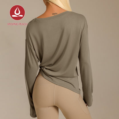 MOVING PEACH Women Yoga Longsleeve Loose Fit Drop shoulder design Sports Top with Adjustable side string Soft Gym Pilates Dance Daily wear BSC