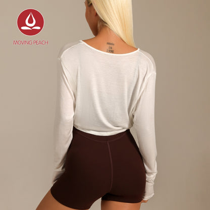 MOVING PEACH Women Yoga Longsleeve Skin-friendly Breathable Tencel fabric Crop Top Large V-neck Front- knot detail Sports Shirts Gym Pilates Dance Daily wear CSN