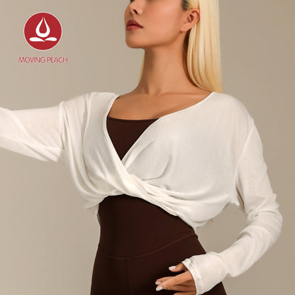 MOVING PEACH Women Yoga Longsleeve Skin-friendly Breathable Tencel fabric Crop Top Large V-neck Front- knot detail Sports Shirts Gym Pilates Dance Daily wear CSN