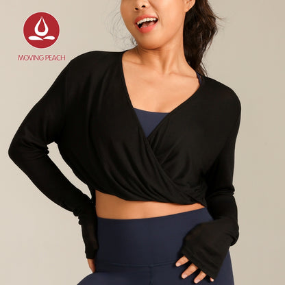 MOVING PEACH Women Yoga Longsleeve Skin-friendly Breathable Tencel fabric Crop Top Large V-neck Front- knot detail Sports Shirts Gym Pilates Dance Daily wear CSN