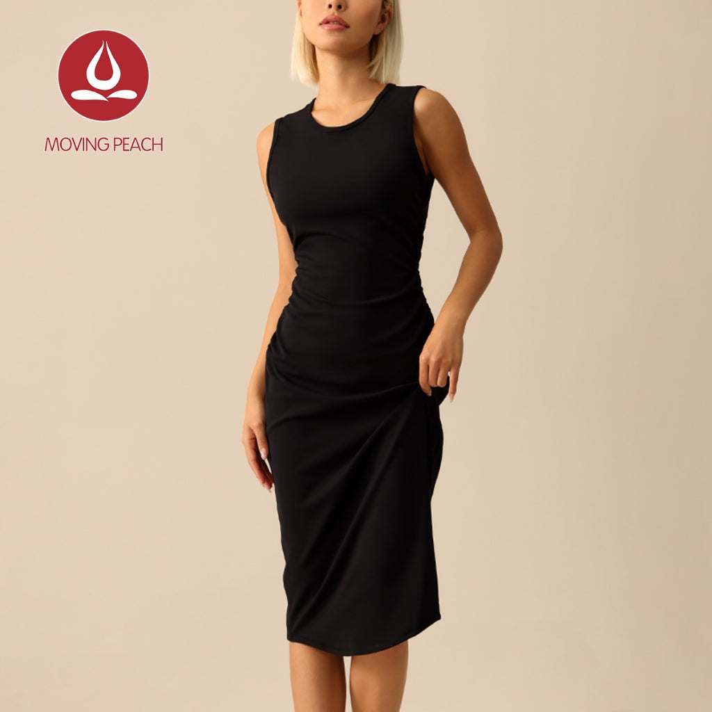 MOVING PEACH Women Antibacterial Yoga Skirt Slim-Fit Tank Dress Comfort Ruched Design Midi Dress Gym Dance Daily Wear AJB