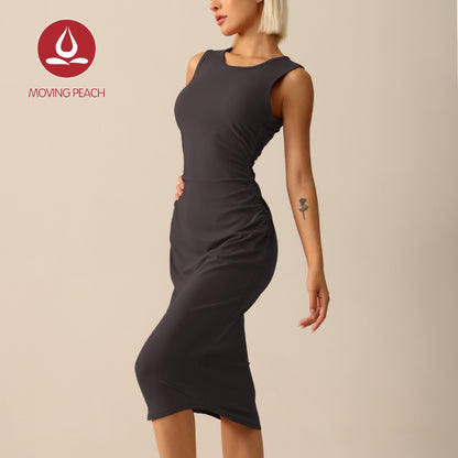 MOVING PEACH Women Antibacterial Yoga Skirt Slim-Fit Tank Dress Comfort Ruched Design Midi Dress Gym Dance Daily Wear AJB