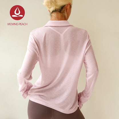 MOVING PEACH Women Sports Long-Sleeve Polo Shirt Loose Fit V-neck Open Collar Top Comfort Breathable Gym Running Dance Daily wear CSV