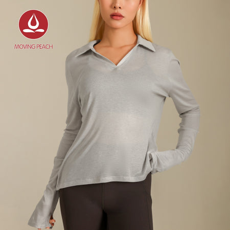 MOVING PEACH Women Sports Long-Sleeve Polo Shirt Loose Fit V-neck Open Collar Top Comfort Breathable Gym Running Dance Daily wear CSV