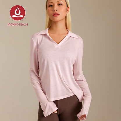MOVING PEACH Women Sports Long-Sleeve Polo Shirt Loose Fit V-neck Open Collar Top Comfort Breathable Gym Running Dance Daily wear CSV