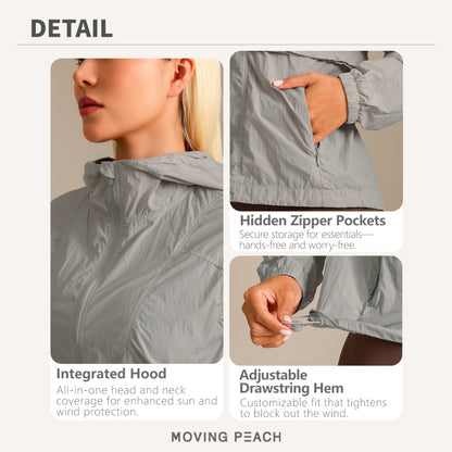 MOVING PEACH Women UV Protection Jacket UPF 50+ Outdoor Running Hoodie Lightweight Full-Zip Windbreaker Jacket BSP