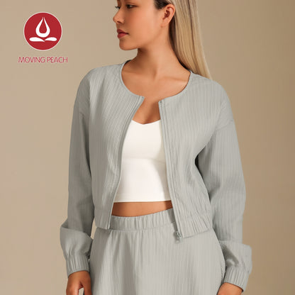 MOVING PEACH Women Sports Coat Loose Fit Full-Zip Cropped Jacket Outdoor Running Fitness Dance Daily wear ASZ