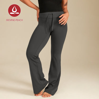 MOVING PEACH Women Flared Pants High-rise Adjustable waist string Bell-bottoms with Back Drop-in Waistband Pocket Comfort Gym Pilates Dance Daily wear CLC