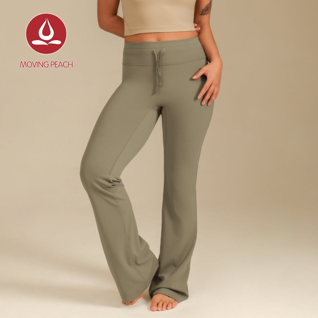 MOVING PEACH Women Flared Pants High-rise Adjustable waist string Bell-bottoms with Back Drop-in Waistband Pocket Comfort Gym Pilates Dance Daily wear CLC