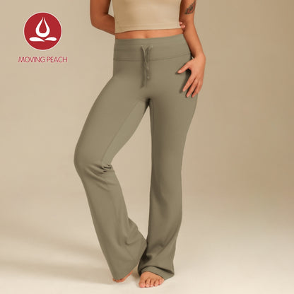 MOVING PEACH Women Flared Pants High-rise Adjustable waist string Bell-bottoms with Back Drop-in Waistband Pocket Comfort Gym Pilates Dance Daily wear CLC