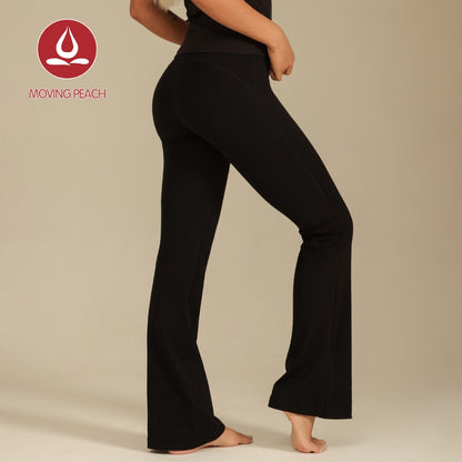 MOVING PEACH Women Flared Pants High-rise Adjustable waist string Bell-bottoms with Back Drop-in Waistband Pocket Comfort Gym Pilates Dance Daily wear CLC