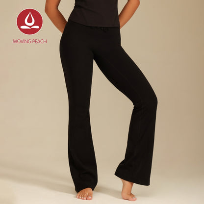 MOVING PEACH Women Flared Pants High-rise Adjustable waist string Bell-bottoms with Back Drop-in Waistband Pocket Comfort Gym Pilates Dance Daily wear CLC