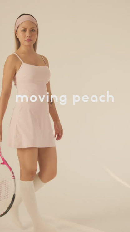 MOVING PEACH Women Backless Cami Strap Dress Slim Fit A-Line Yoga Tennis Skirt with Comfy Inner Short Outdoor Fitness Dance Daily Wear AJC