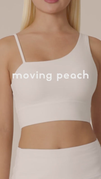 MOVING PEACH Women Sports Bra Asymmetrical strap detail Yoga Top Soft Fixed Bra Cups Crop Top Gym Dance Daily wear CBJ