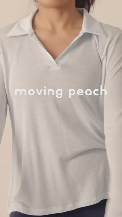 MOVING PEACH Women Sports Long-Sleeve Polo Shirt Loose Fit V-neck Open Collar Top Comfort Breathable Gym Running Dance Daily wear CSV