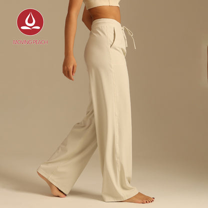 MOVING PEACH Women High-Waisted Wide-Leg Pants Antibacterial Fabric Loose Sports Pants with Adjustable Waist String Yoga Running Dance Daily Wear ELC2