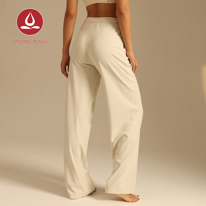 MOVING PEACH Women High-Waisted Wide-Leg Pants Antibacterial Fabric Loose Sports Pants with Adjustable Waist String Yoga Running Dance Daily Wear ELC2