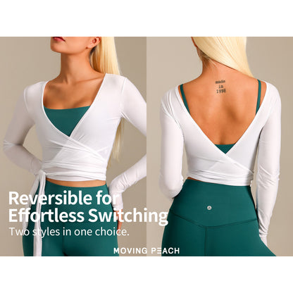 MOVING PEACH Women Sports Longsleeve Dual-Style Wear Design Wrap around style Crop Top Comfort Yoga Pilates Dance Daily wear ASQ(new)