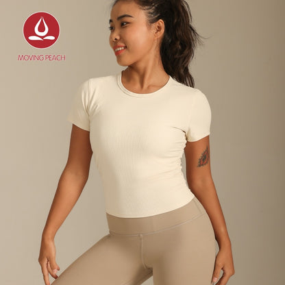 MOVING PEACH Women Sports T-shirts Slim fit Ribbed Yoga Short Sleeve Comfort Pilates Fitness Dance Daily wear BTR