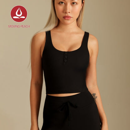 MOVING PEACH Women Sports Tank Top Ribbed Slim fit Button front Crop Top Soft Fixed Bra Cups Gym Running Dance Daily wear AVR
