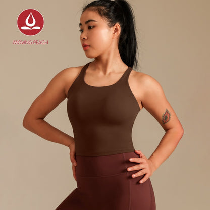 MOVING PEACH Women Sports bra Double Shoulder Straps Cross-Back Yoga Tank Top Soft Fixed Bra Cups Gym Dance Daily wear ABO(longline)